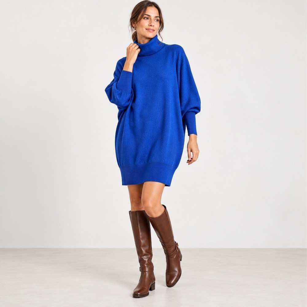 Zara Knit Cobalt Royal Blue Turtleneck Sweater Dress L Dolman Sleeves Oversized